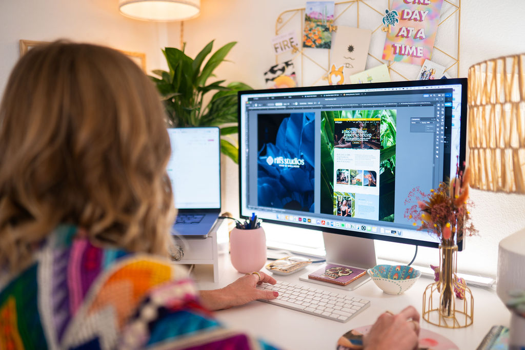 Brand and web designer working on a Showit website design, representing different ways to build a site including DIY, template customization, and custom design.