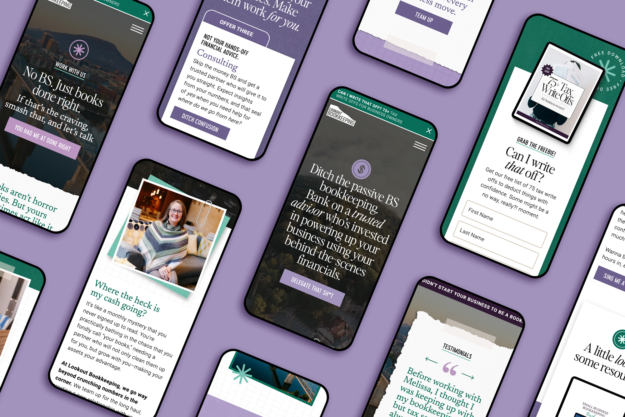 Mobile website mockups showing multiple pages of a service-based business website design